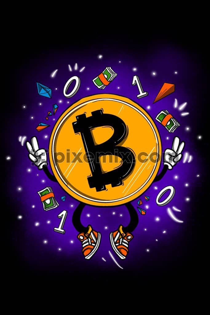 Bitcoin character and street elements inspired product graphic