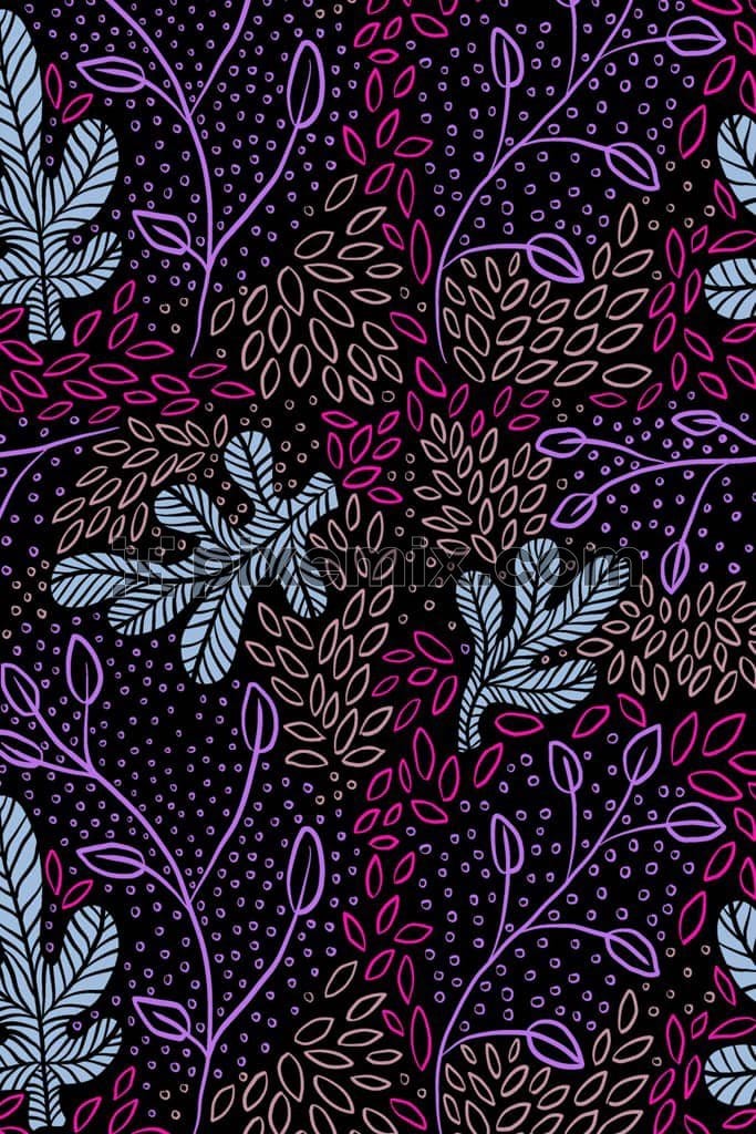 Doodle leaves product graphic with seamless repeat pattern