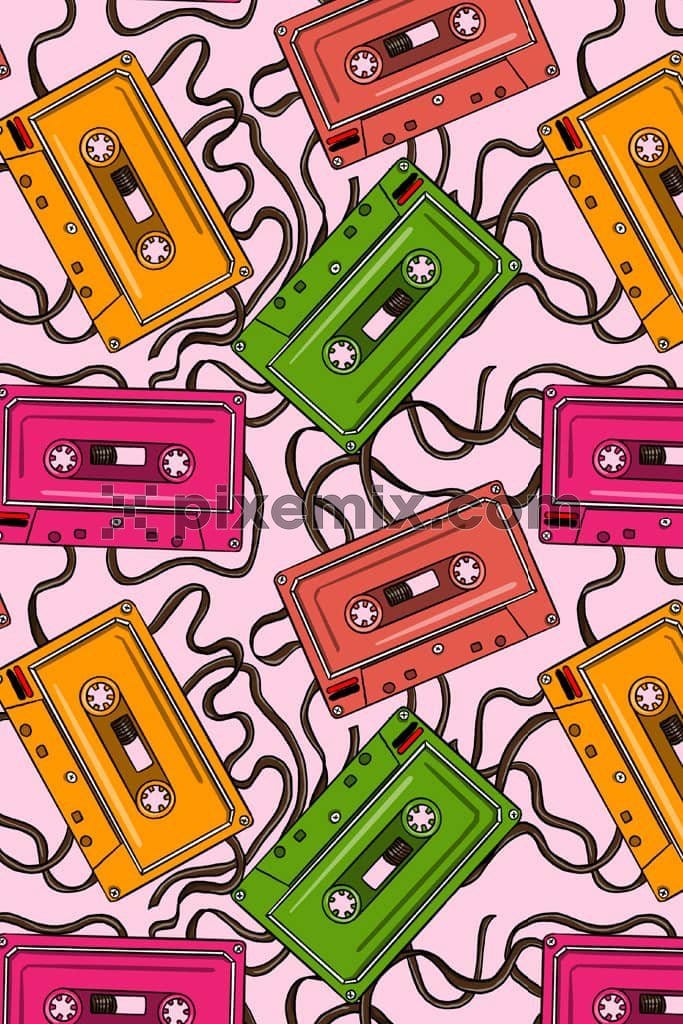 Music inspired cassette product graphic with seamless repeat pattern