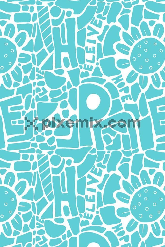 Doodle art floral and typography product graphic with seamless repeat pattern