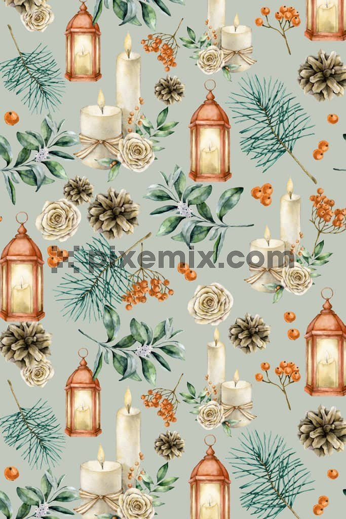 Leaves and candel product graphic with seamless repeat pattern