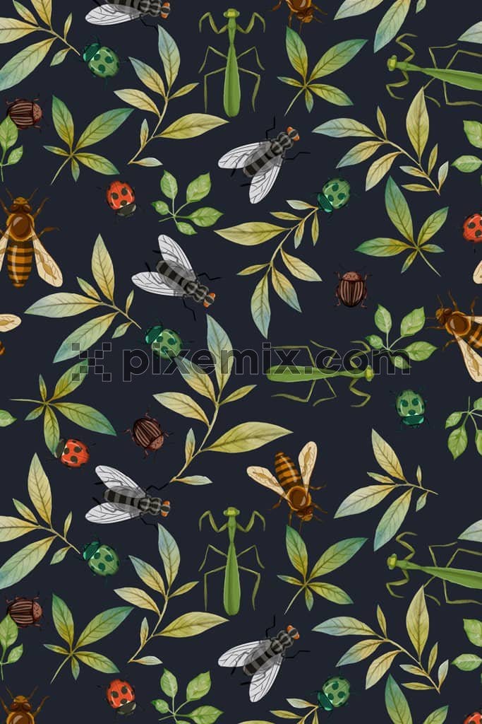 Tropical leaf and insects product graphic with seamless repeat pattern
