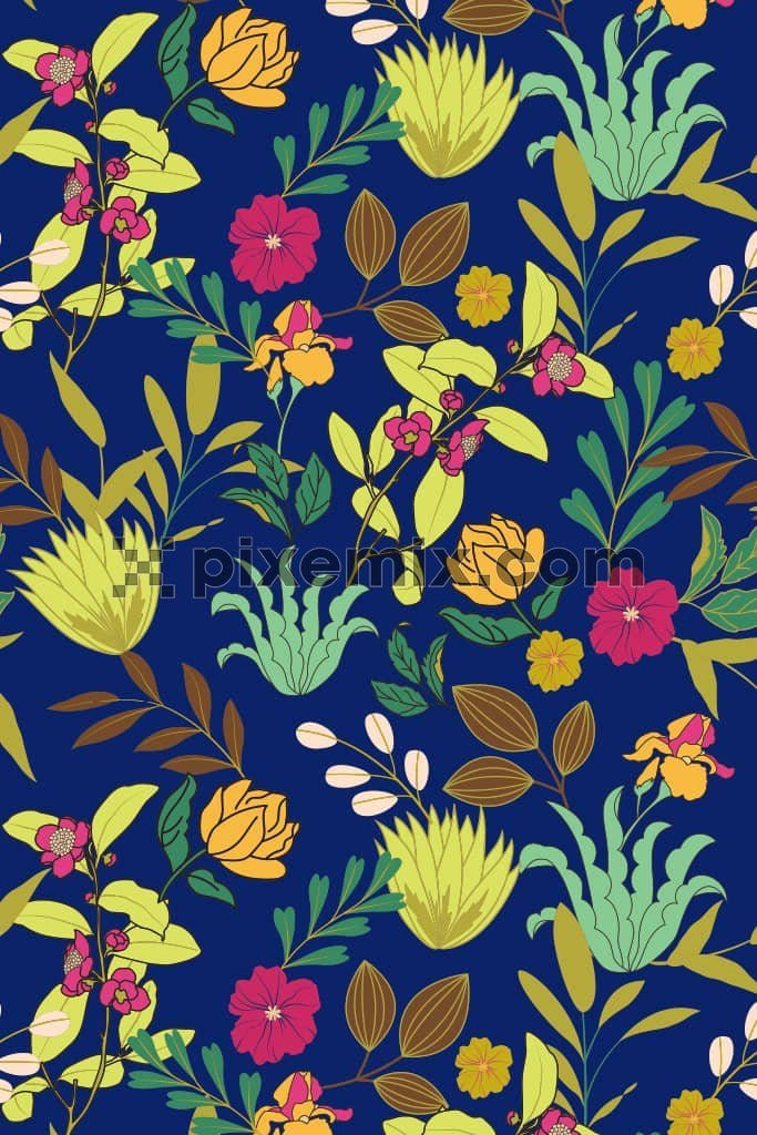 Leaf and florals vector product graphic with seamless repeat pattern