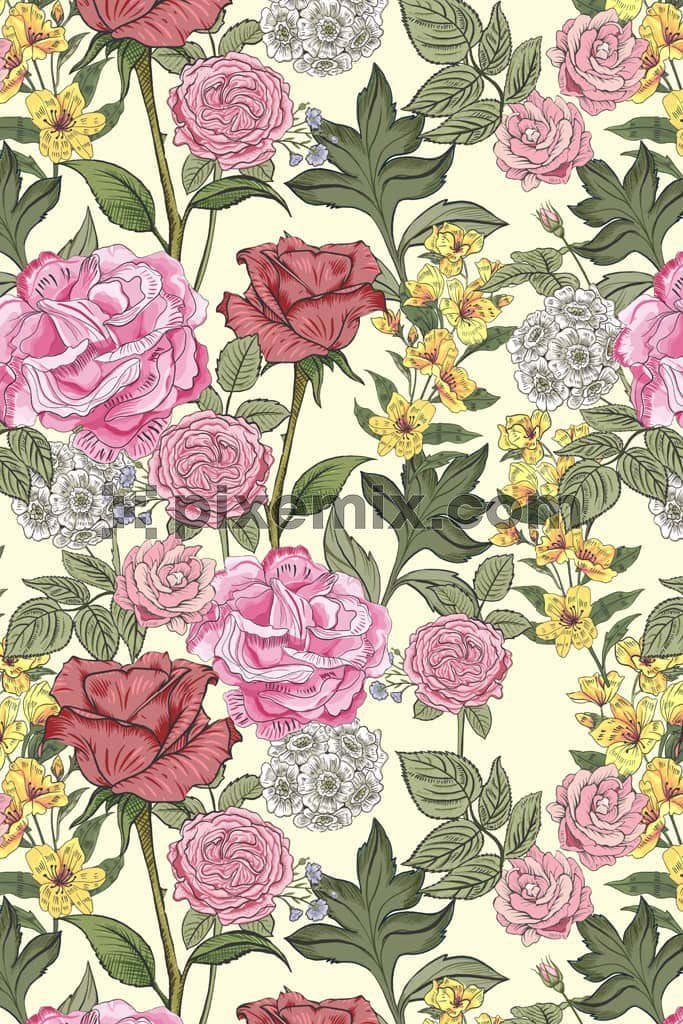 Florals and leaves product graphic with seamless repeat pattern
