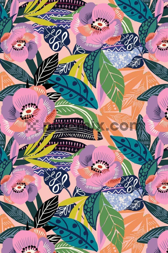 Doodle leaf and florals product graphic with seamless repeat pattern