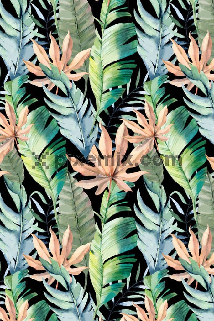 Tropical leaves product graphic with seamless repeat pattern