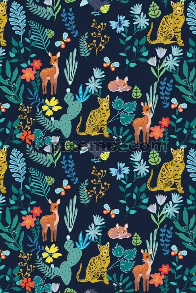 Doodleart inspired blooming jungle and animal product graphic with seamless repeat pattern