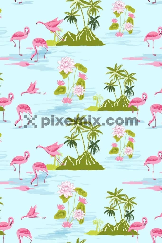 Summervibes inspired flamingo and tree product graphic with seamless repeat pattern