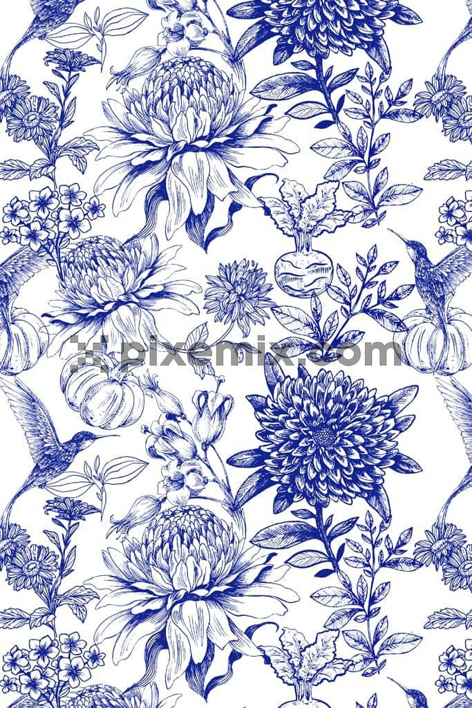 Lineart florals and birds product graphic with seamless repeat pattern