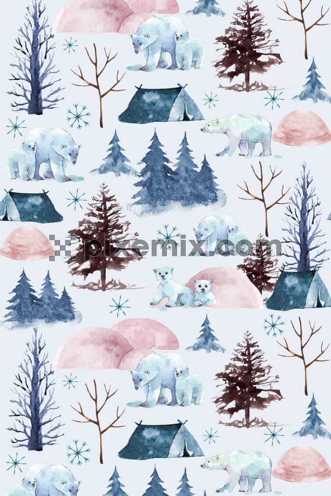 Camping tent and polar bear product graphic with seamless repeat pattern