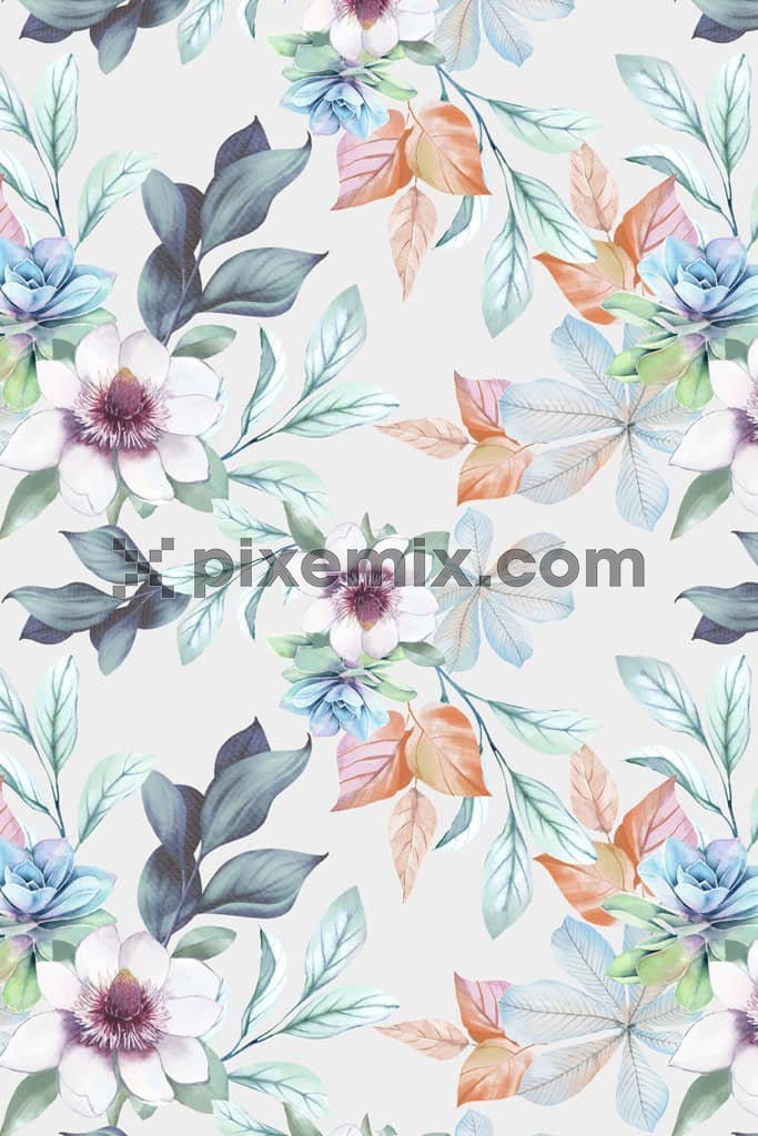 Leaves and florals product graphic with seamless repeat pattern