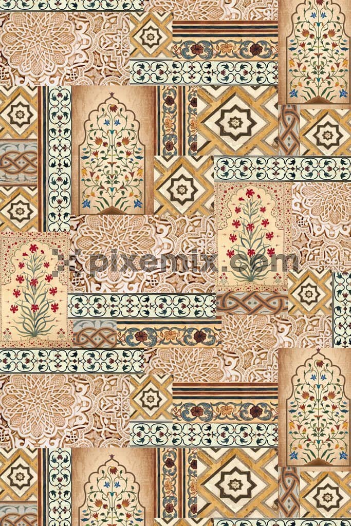 Ethnic art and florals product graphic with seamless repeat pattern