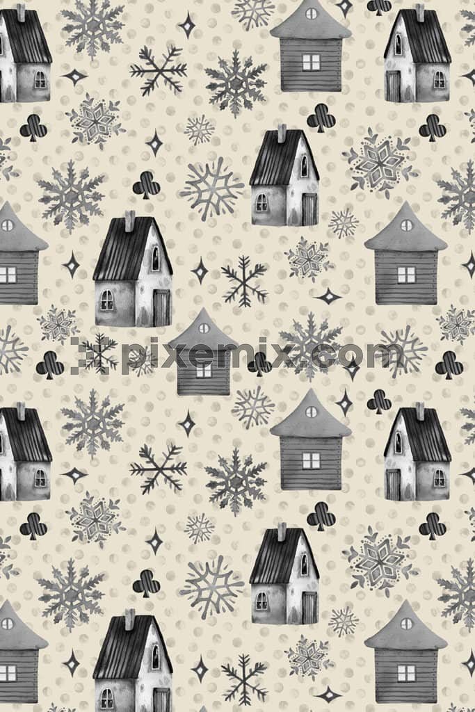 Winter inspired houses and dot product graphic with seamless repeat pattern