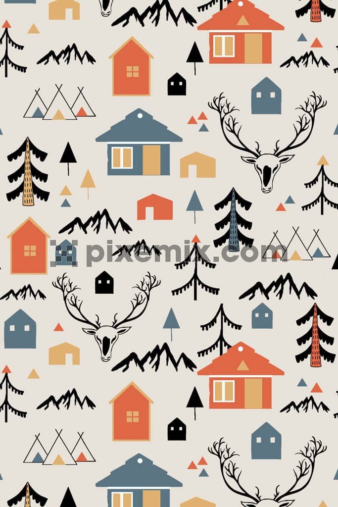 Doodleart inspired houses and tree product graphic with seamless repeat pattern