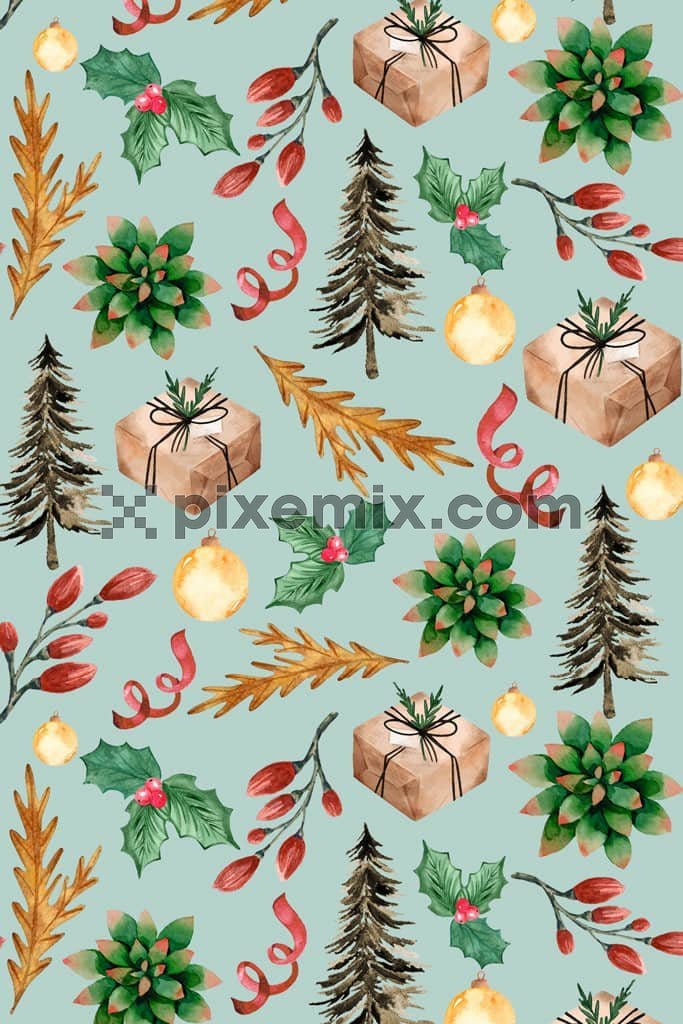 Leaf and giftbox product graphic with seamless repeat pattern