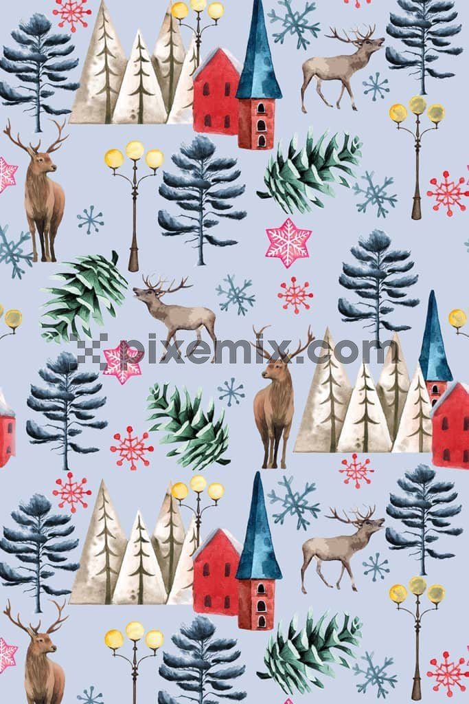 Tree and dears product graphic with seamless repeat pattern