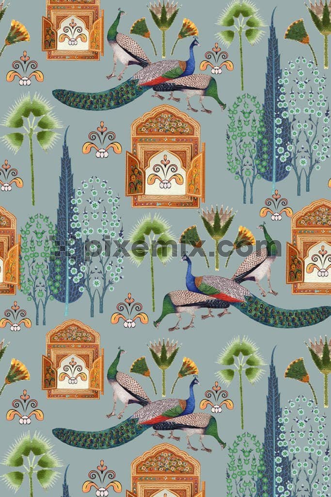 Persianart inspired tree and peacock product graphic with seamless repeat pattern