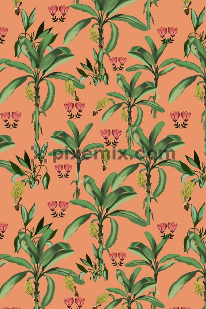 Tropical banana tree and florals product graphic with seamless repeat pattern