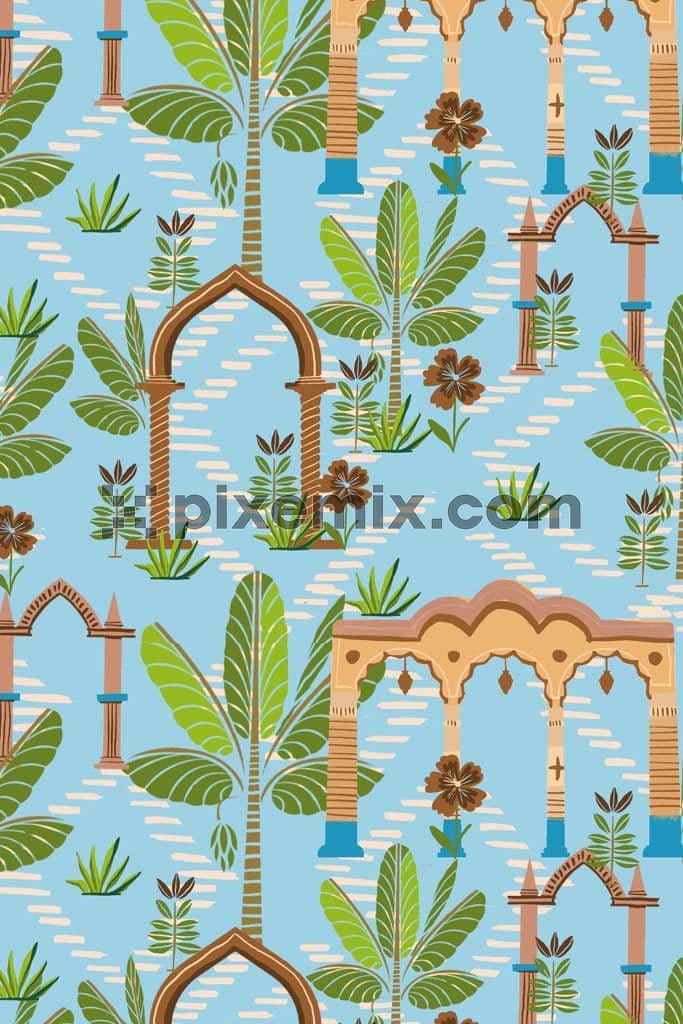 Persianart inspired tree product graphic with seamless repeat pattern
