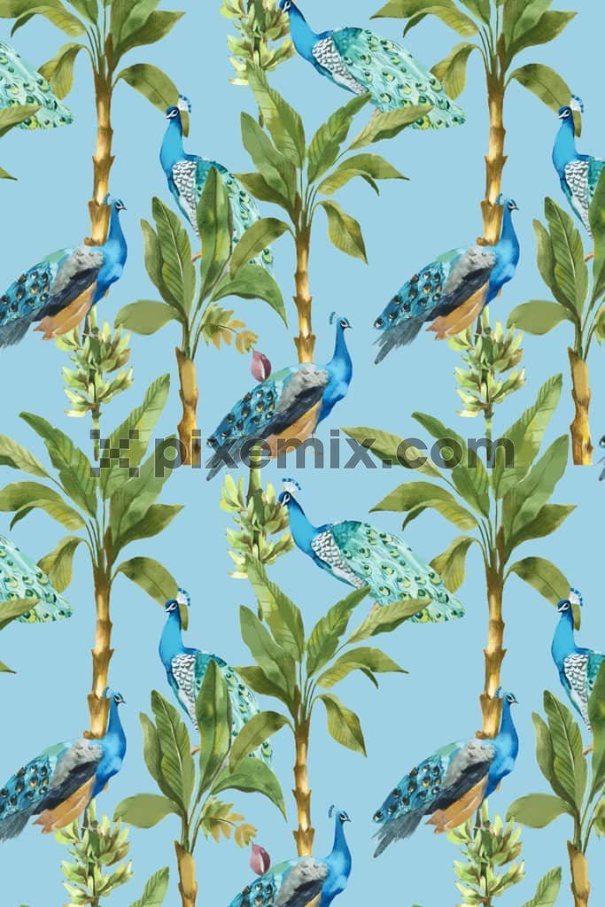 Banana tree and peacock product graphic with seamless repeat pattern