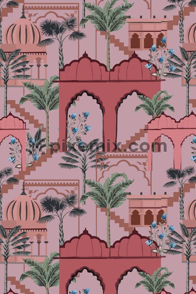 Mughal art inspired banana tree product graphic with seamless repeat pattern