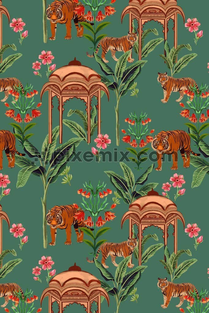 Persianart inspired tree and tigers product graphic with seamless repeat pattern