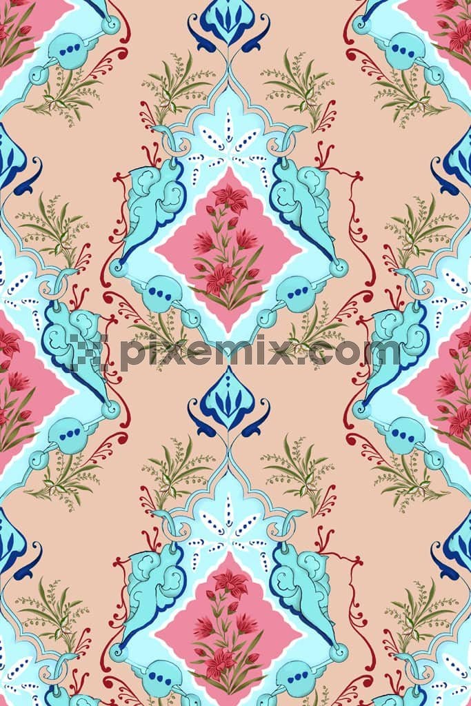 Mughal art inspired leaf and paisley art product graphic with seamless repeat pattern