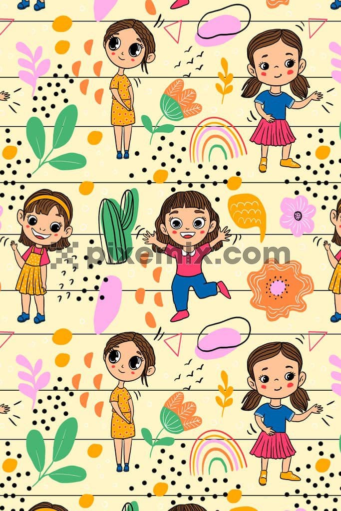 Doodleart inspired cartoon girls and florals product graphic with seamless repeat pattern 