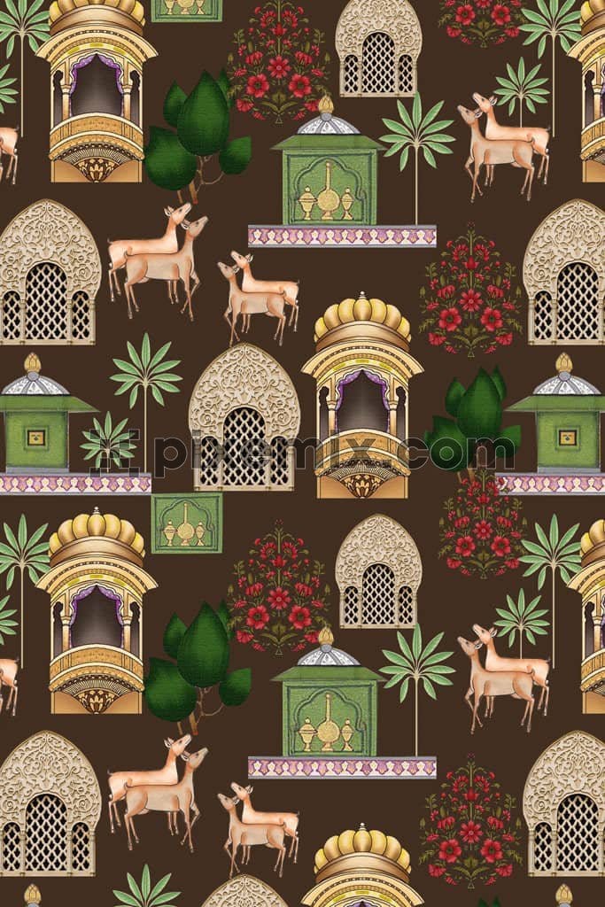 Mughal art inspired dear and florals  product graphic with seamless repeat pattern 