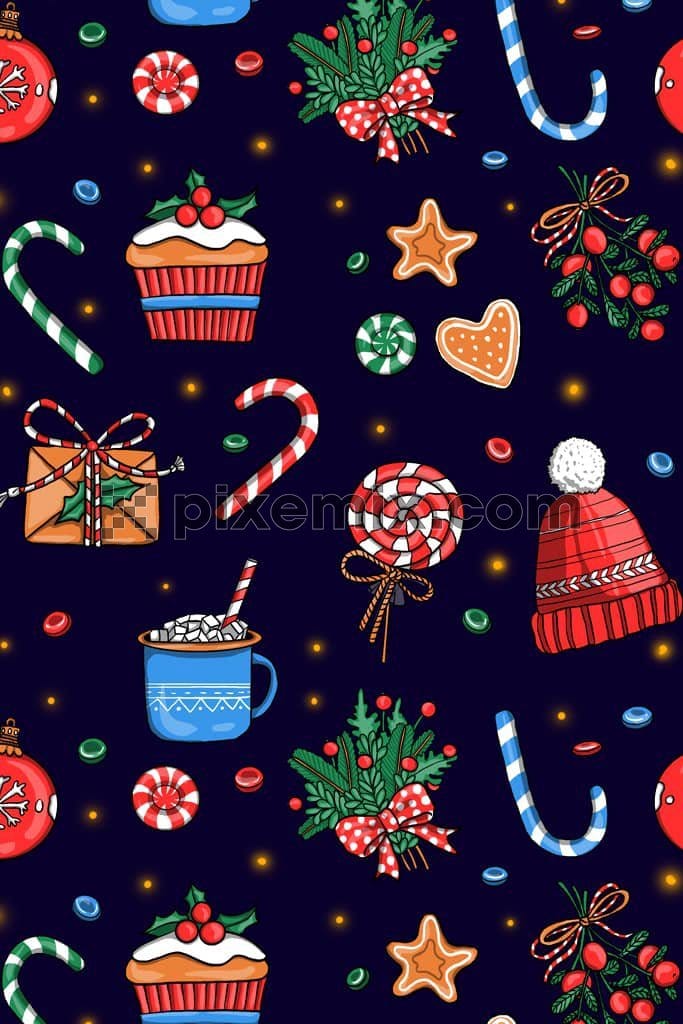 Christmas elements and cherry  product graphic with seamless repeat pattern