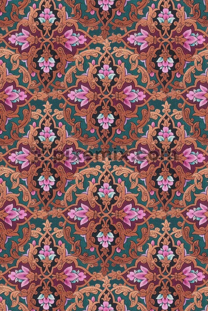 Persian inspired paisley art and florals product graphic with seamless repeat pattern 