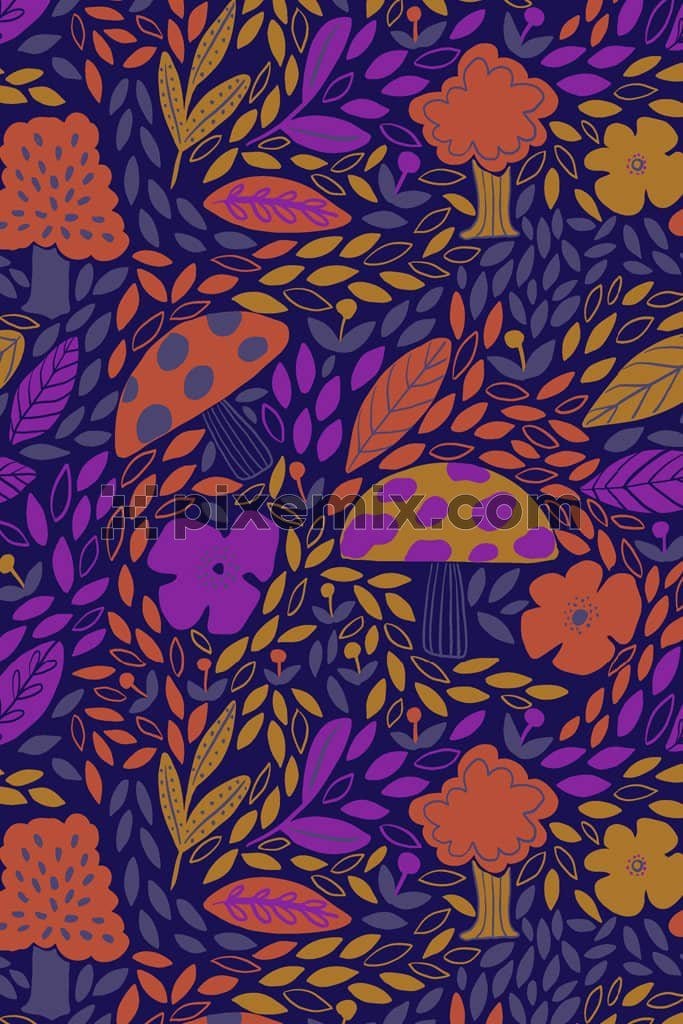 Dodole art mushroom and florals product graphic with seamless repeat pattern 