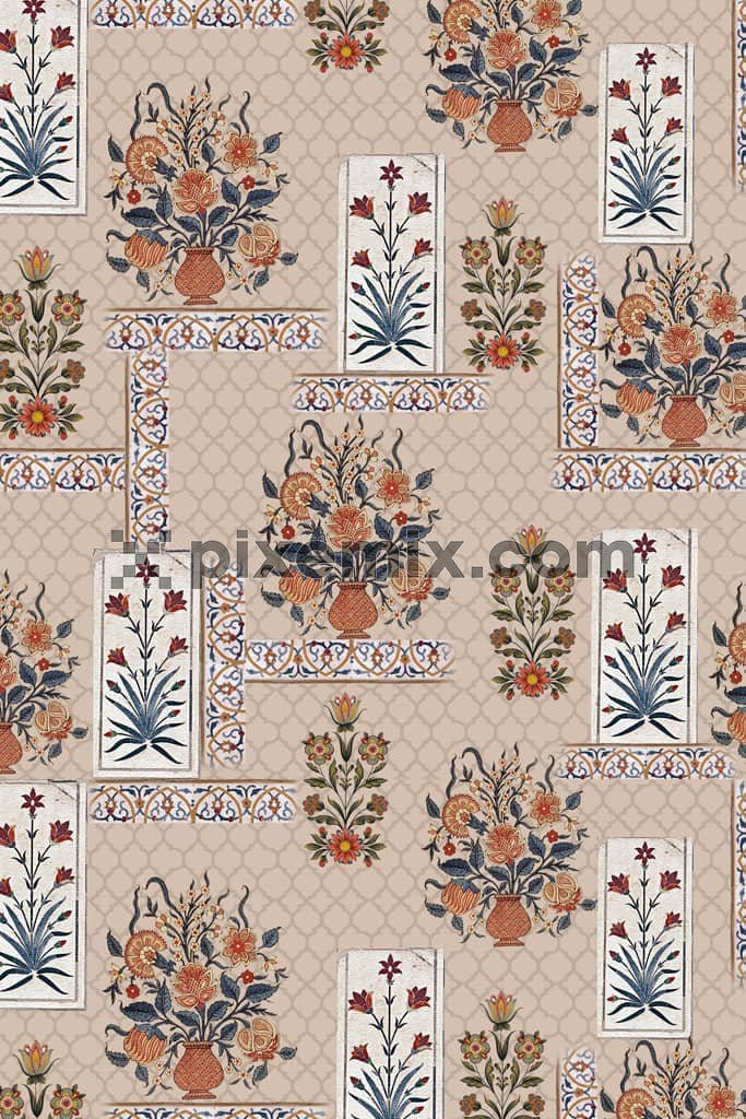 Persian inspired florals product graphic with seamless repeat pattern