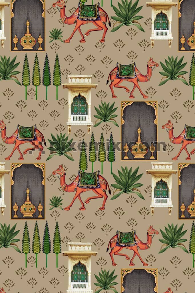 Mughal art inspired camels and leaf product graphic with seamless repeat pattern