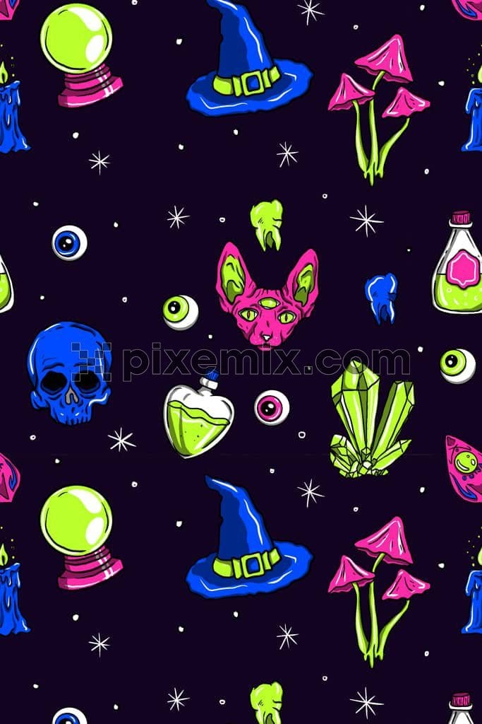 Magic inspired neon color mushroom product graphic with seamless repeat pattern 
