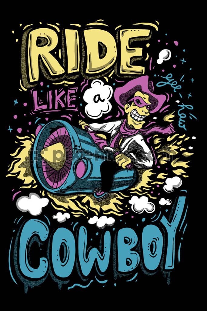 Doodel art inspired cowboy ride rocket product graphic