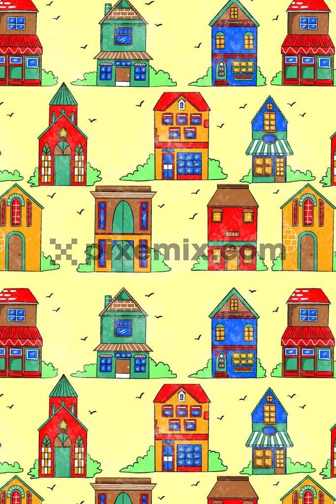 Doodle houses product graphic with seamless repeat pattern 