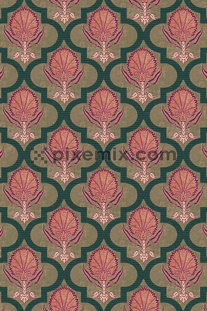 Persian inspired paisley art and florals product graphic with seamless repeat pattern 