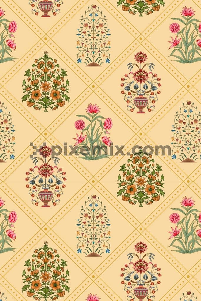 Mughal art inspired florals product graphic with seamless repeat pattern