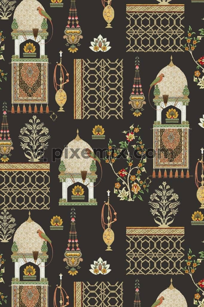 Mughal art inspired birds and florals product graphic with seamless repeat pattern