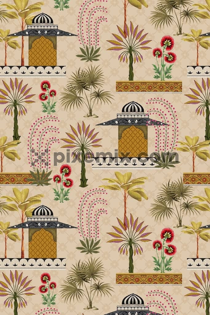 Mughal art inspired banana tree and florals product graphic with seamless repeat pattern