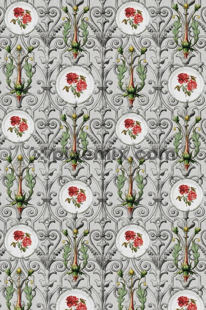 Paisley art florals and leaf product graphic with seamless repeat pattern