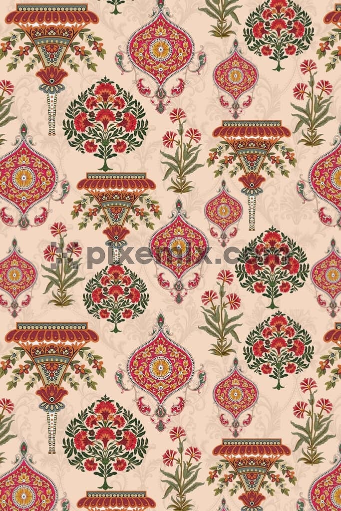 Mughal art florals product graphic with seamless repeat pattern