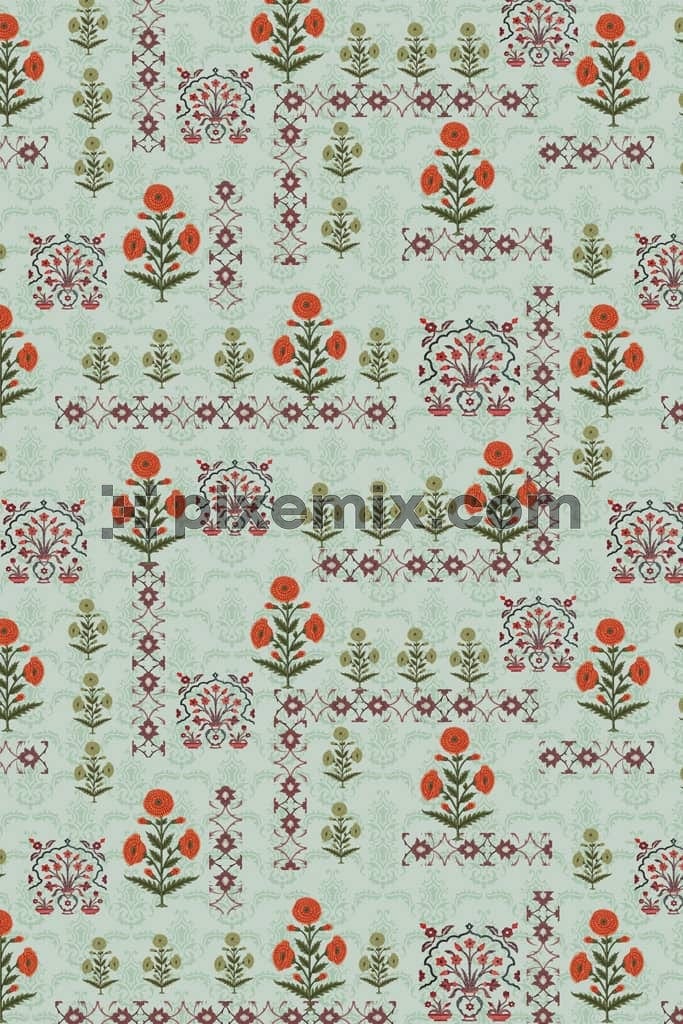 Mughal art inspired florals and leaf product graphic with seamless repeat pattern