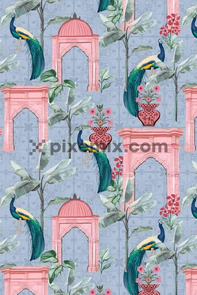 Mughal art inspird banana tree and peacock product graphic with seamless repeat pattern