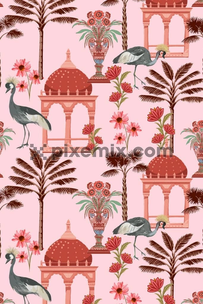 Mughal art inspired tree and birds product graphic with seamless repeat pattern