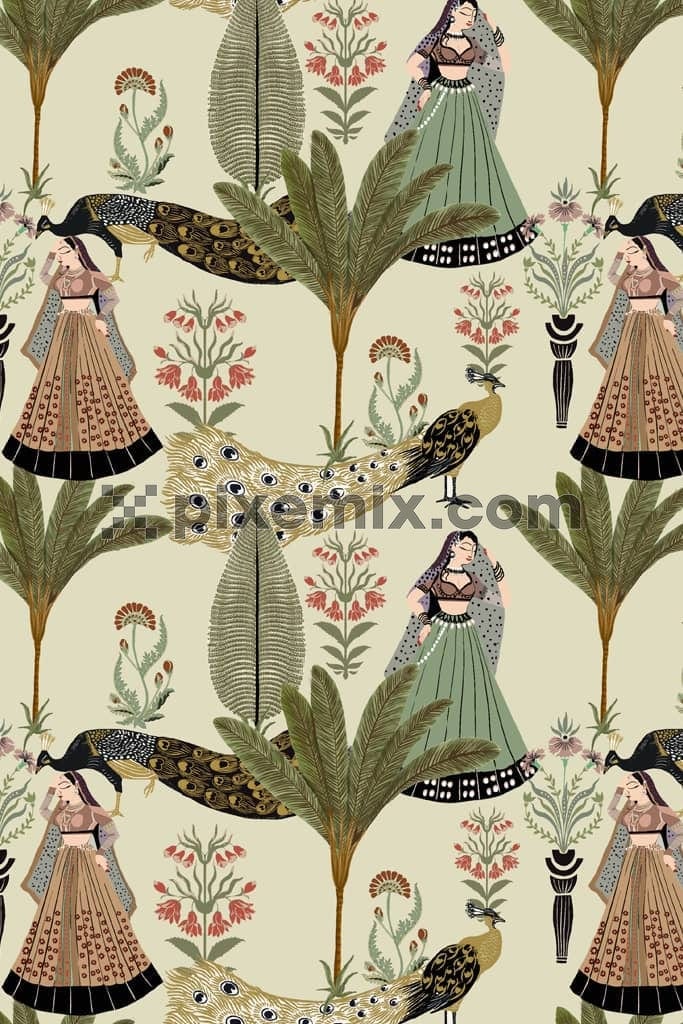 Indian traditional art inspired tree and woman product graphic with seamless repeat pattern