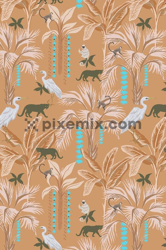 Tree and wild animals product graphic with seamless repeat pattern