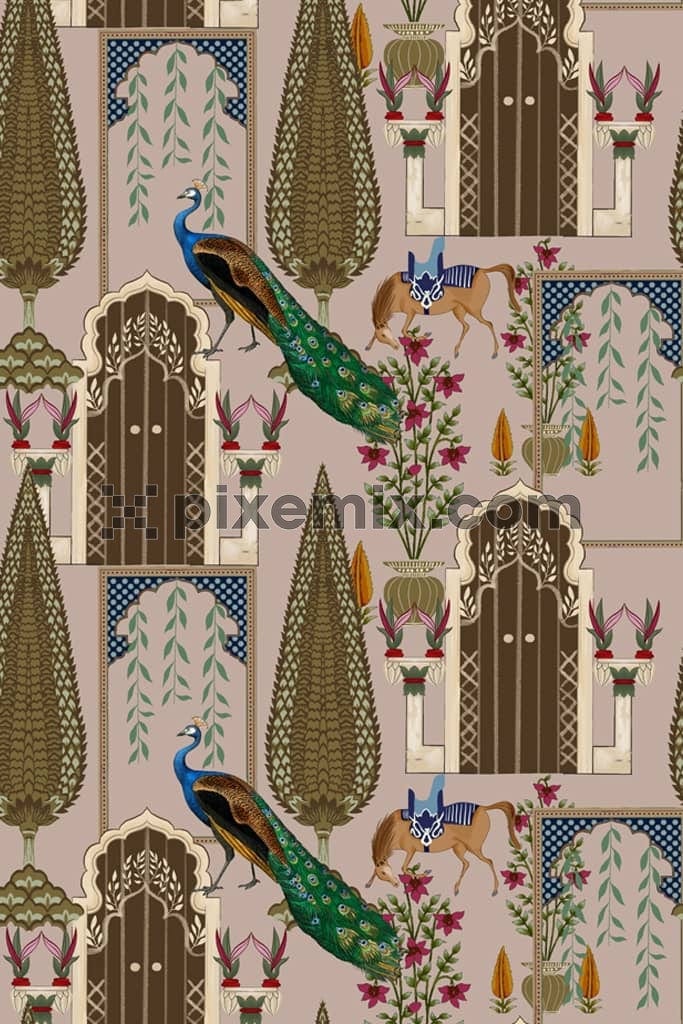 Mughal art inspired peacock and horses product graphic with seamless repeat pattern