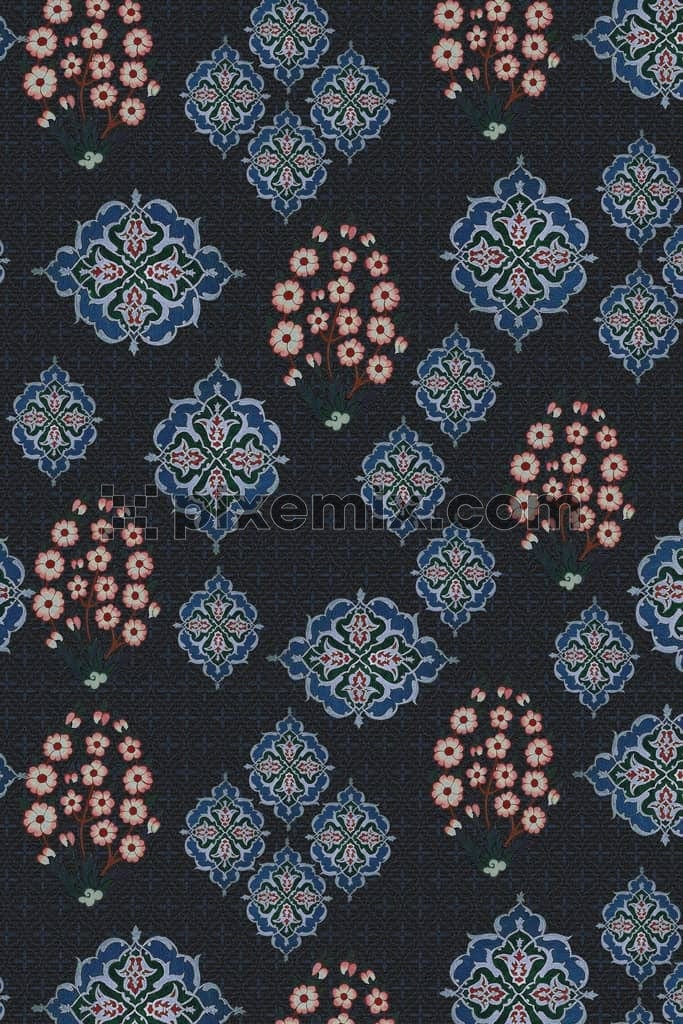 Mughal art inspird paisley art product graphic with seamless repeat pattern